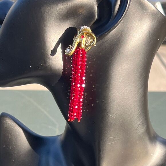 Gold Elephant Head Earrings with Red Bead Tassels - Picture 10 of 15